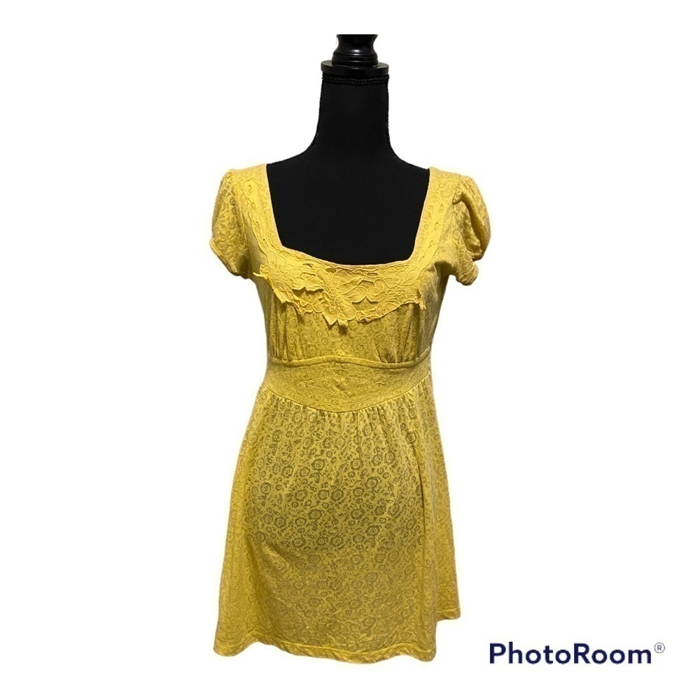 Y2K Mustard Yellow Semi Sheer Round Neck Cap Sleeve Dress | Size m